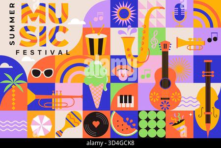 Summer music festival.Musical fest party,concept of live music event,jazz and rock concert.Music poster with instrument on geometric background.Template for banner,flyer,invitation,social media.Vector Stock Vector