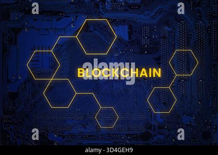 Blue circuit board with glowing hexagonal blockchain network structure and yellow text, symbolizing cryptocurrency, decentralized technology and secur Stock Photo