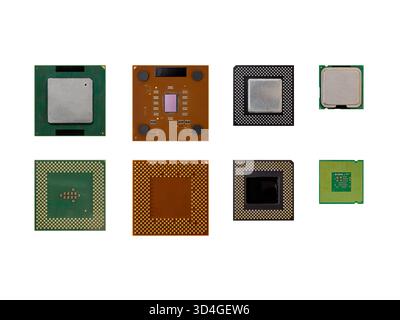 Collection of various computer processor chips isolated on white background, showing different cpu types, architecture, and modern technology hardware Stock Photo