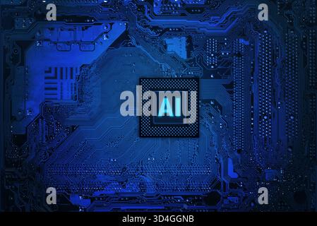 Artificial intelligence processor chip on blue motherboard, futuristic AI technology background representing machine learning, data processing and dig Stock Photo