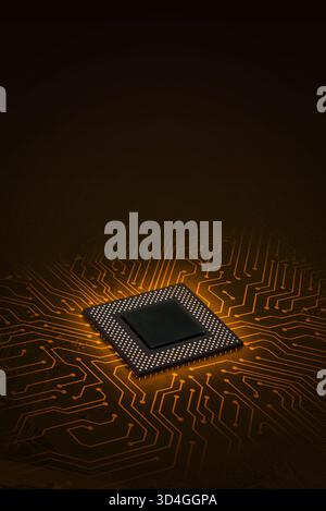 Glowing processor chip on orange circuit board background, representing artificial intelligence, energy transfer, data processing and futuristic digit Stock Photo