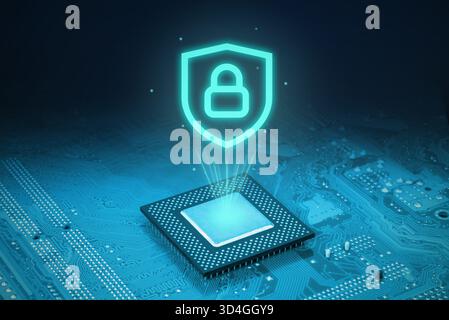Futuristic processor chip with glowing security lock hologram above motherboard, representing cyber protection, digital safety, encryption and modern Stock Photo