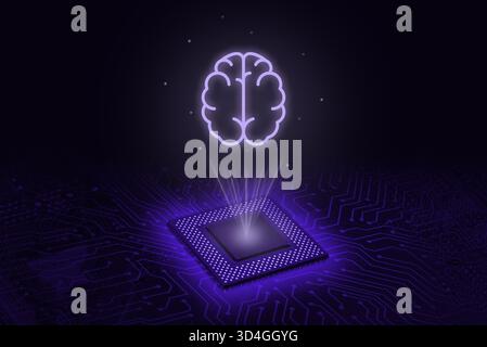 Futuristic processor chip with glowing brain hologram above circuit board, symbolizing artificial intelligence, data processing, innovation and advanc Stock Photo