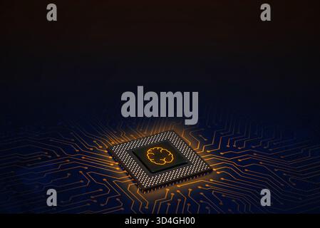 Artificial intelligence concept with glowing orange brain symbol on processor chip, representing machine learning, innovation, and futuristic computin Stock Photo