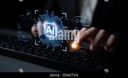 A futuristic AI core processor and system analytics dashboard. This concept highlights the raw processing power of AI for deep data analysis, system Stock Photo