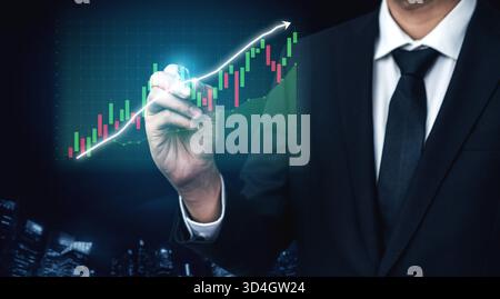 Businessman Analyzing Financial Data with Stock Market Graphs and Trend Lines in Modern Office Environment Impute. Stock Photo