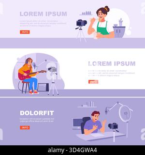 Bloggers. video production of self hobbies computer review blogger musician and cooking food character. vector banners original artwork Stock Vector
