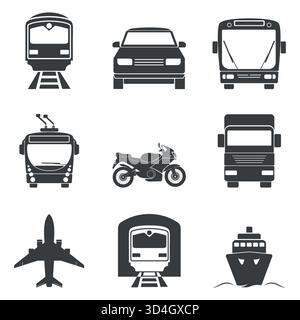 Transport Icons Set. Vector Collection of Transportation Silhouettes. Car, Bus, Train, Airplane, Motorcycle, Truck, Ship, Metro, Tram. Black Minimal Stock Vector