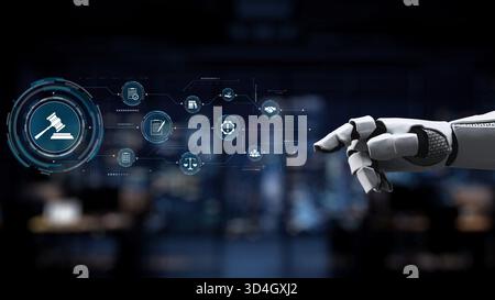 A futuristic robotic hand interacts with various legal technology icons in a modern office setting, symbolizing the intersection of law and digital Stock Photo