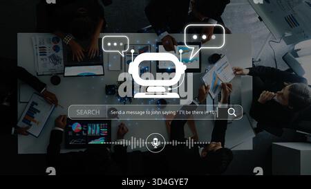 A dynamic business meeting scene featuring a robotic assistant offering voice-activated communication tools, enhancing teamwork and productivity in a Stock Photo
