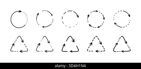 Set of doodle handwriting recycle symbols. Circle round arrow sign. Hand drawn reuse repeat cycle icon. Crayon vector line ecology drawing. Refresh; r Stock Vector