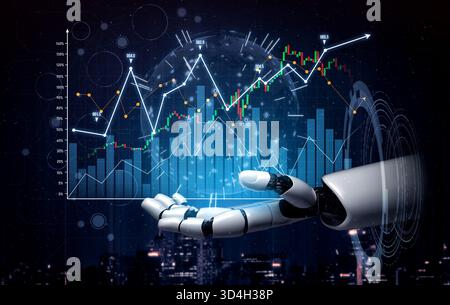 A futuristic robotic hand showcases stock market data with vibrant graphs and chart elements, representing advanced technology in finance and Stock Photo