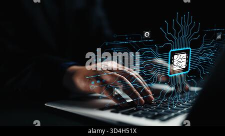 A captivating digital scene showcasing a person typing on a laptop with a visual representation of a circuit board, symbolizing the intersection of Stock Photo