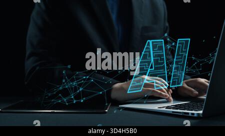 A businessman interacts with a laptop while surrounded by AI technology visuals, symbolizing the fusion of digital innovation and data analytics in a Stock Photo