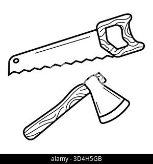 Saw and ax. Hand drawn icon in sketch doodle style. Isolated vector illustration. Stock Vector