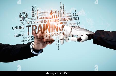 A visual representation showing human and robot interaction in a training context, emphasizing skills enhancement and the future of e-learning in Stock Photo