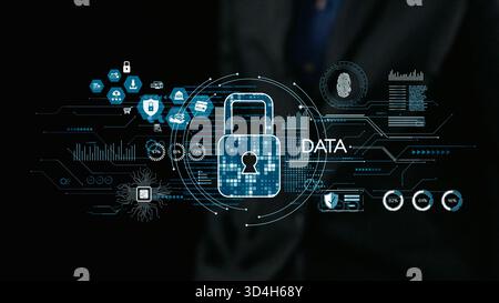 This image illustrates a digital lock representing data protection with various icons symbolizing cybersecurity technologies, emphasizing the Stock Photo