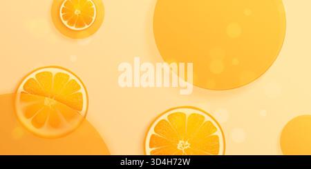 Orange cosmetic background. Realistic oranges glassmorphism plates vitamin c serum molecule beauty nature fruit product display clean minimalist desig Stock Vector