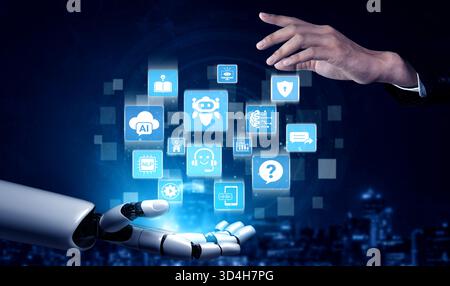 AI virtual assistant chatbot uses generative AI, LLM deep learning, and prompt engineering to support smart business operations with explainable Stock Photo