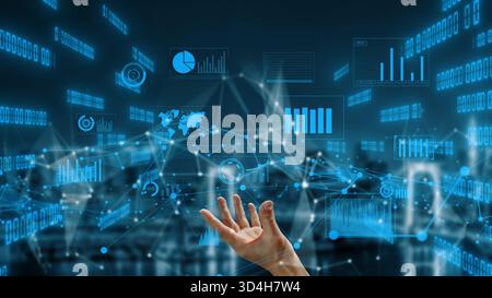 A futuristic hand reaches out towards an immersive digital landscape filled with data visualizations, graphs, and binary code, symbolizing technology Stock Photo