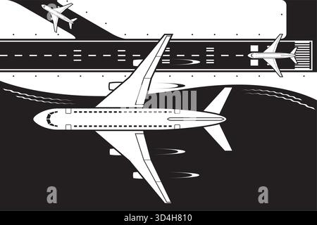 Passenger plane flying over an airport by the sea - vector illustration Stock Vector