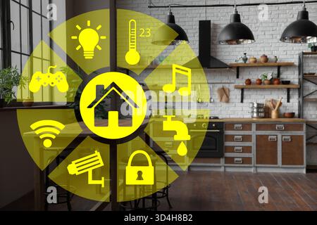 Smart home. Different icons on virtual screen against kitchen Stock Photo