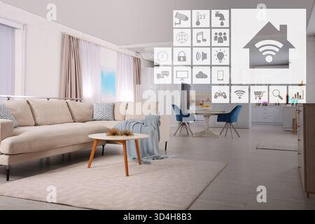 Smart home. Different icons on virtual screen against room Stock Photo