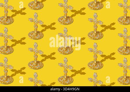 Creative pattern composition made of beautiful Christian Cross on bright yellow background. Orthodox Christian faith concept. Stock Photo