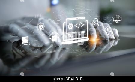 AI streamlines web development with smart coding tools, interface automation, and futuristic design systems for building efficient online platforms Stock Photo