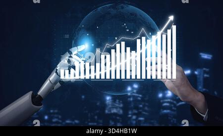 This captivating image features a robotic hand pointing at a data graph overlaying a digital globe, symbolizing advanced technology in business Stock Photo