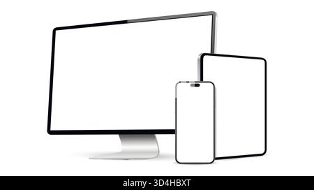 Desktop computer, tablet pc and mobile phone screen mockup. Digital device elements isolated on white background. Vector illustration. Stock Vector