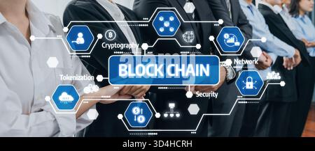 Explore a modern business environment showcasing blockchain technology concepts with professionals engaged in discussions on security, network, and Stock Photo