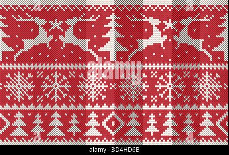 Christmas winter knitted seamless pattern with traditional snowflakes, deer, and Christmas trees. Red knitted sweater texture with a white pattern. Fe Stock Vector