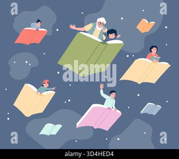 Flying with book. People fly on different books. Education open new horizons, exploration world with literature. Creative mind and fantasy, recent vec Stock Vector