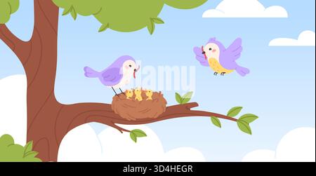 Bird nest on tree. Birds feeding chicks in nest, forest or garden. Raising babies in wild animal family. Flying characters and nest, racy vector illus Stock Vector