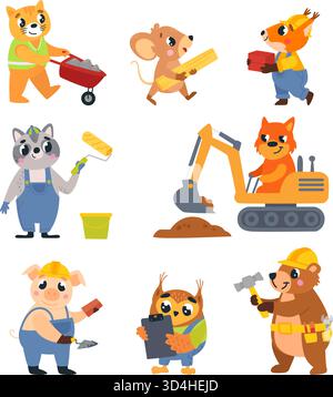 Animal builders working. Funny bear fox raccoon pig wearing uniform and using construction tools. Building process, bear and squirrel in helmets, clas Stock Vector
