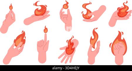 Hot fires in hands. Human hand holding burning flames. Flammable elements in arm, magic fantasy fire tale. Wizards fireballs, magical racy vector clip Stock Vector