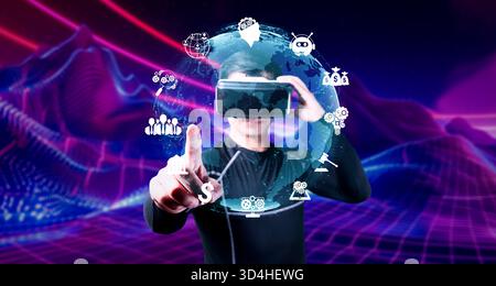 Explore a vibrant 3D environment where a user interacts with virtual reality and AI concepts, showcasing innovative technology and futuristic digital Stock Photo