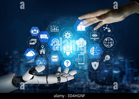 AI virtual assistant chatbot uses generative AI, LLM deep learning, and prompt engineering to support smart business operations with explainable Stock Photo