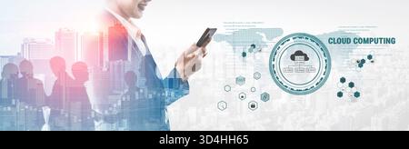 Global cloud computing platform providing services for software development. A worldwide network for data storage, security, and application hosting Stock Photo
