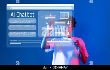 Explore the innovative world of AI chatbot technology with a dynamic interaction scene showcasing a user engaging with virtual assistance tools for Stock Photo