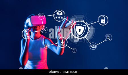 Explore a vibrant virtual reality scene that emphasizes the importance of cybersecurity and data privacy in the digital world, ensuring safe online Stock Photo