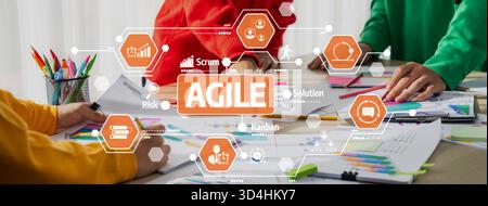 Engaging office scene displaying agile project management concepts with team collaboration, colorful charts, and strategic planning in a creative Stock Photo