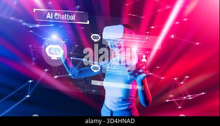 Explore the world of AI chatbots within a virtual environment. This image showcases advanced automation and learning technologies for improved user Stock Photo
