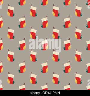 Seamless pattern with Christmas stockings on beige background. Vector festive holiday background.  Stock Vector