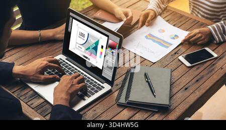 Graphic designer software for modern design of web page and commercial ads showing on the computer screen Stock Photo