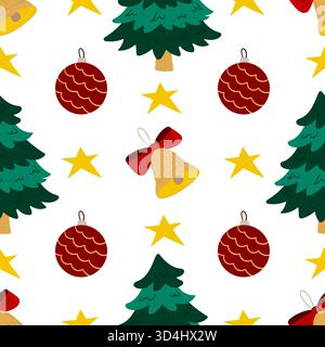 Christmas seamless pattern in hand-drawn style. Christmas tree decorations, fir tree. Print for design Stock Vector