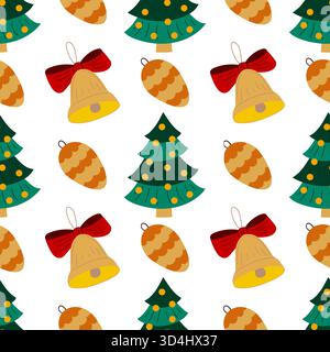 Christmas seamless pattern in hand-drawn style. Christmas tree decorations, fir tree. Print Stock Vector