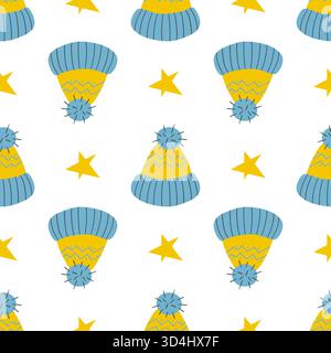 Christmas seamless pattern in hand-drawn style. Pattern with winter hats. Print for design, textile, fabric Stock Vector