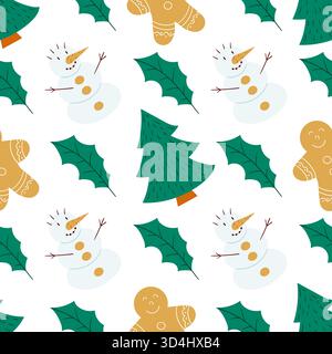 Christmas seamless pattern in hand-drawn style. Gingerbread, Christmas tree. Print for design, textile, fabric Stock Vector